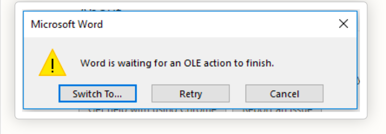 Microsoft Excel is waiting for another application to complete an ole action